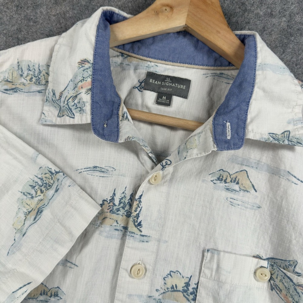 LL Bean Signature Shirt‎ Mens Medium White Fish Print Short Sleeve Cotton